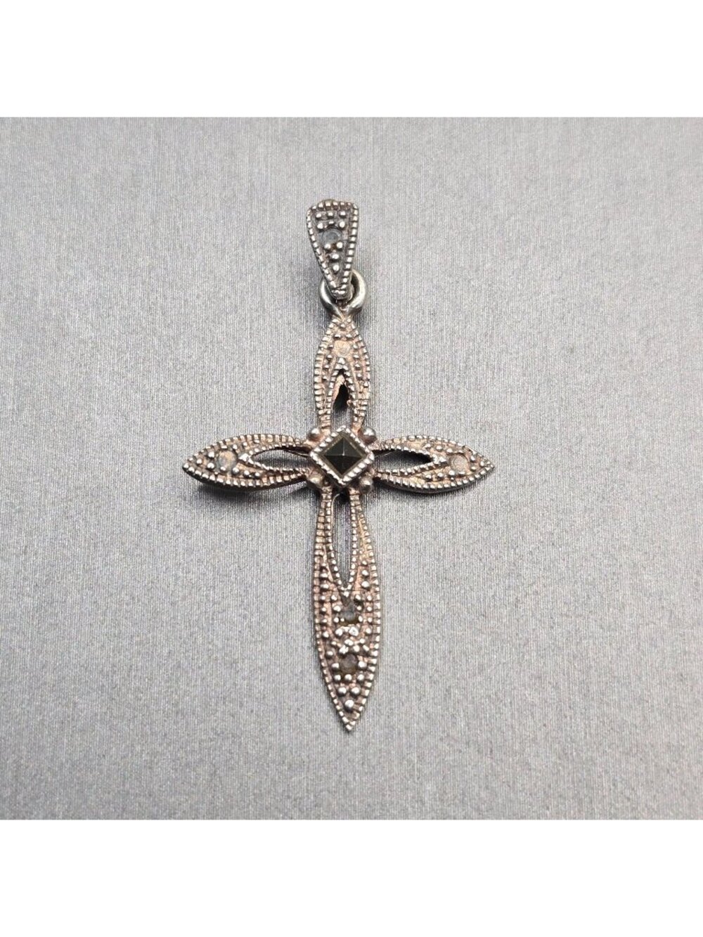 Vintage Sterling Silver 925 Marcasite Cross Pendant 1.5" Cutouts Signed A
